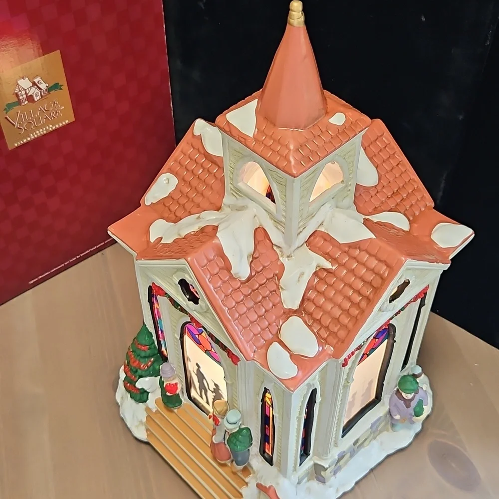 Vintage Village Square Lighted Silhouette Church Ceramic Hand Painted 16"×8" - Picture 9 of 9